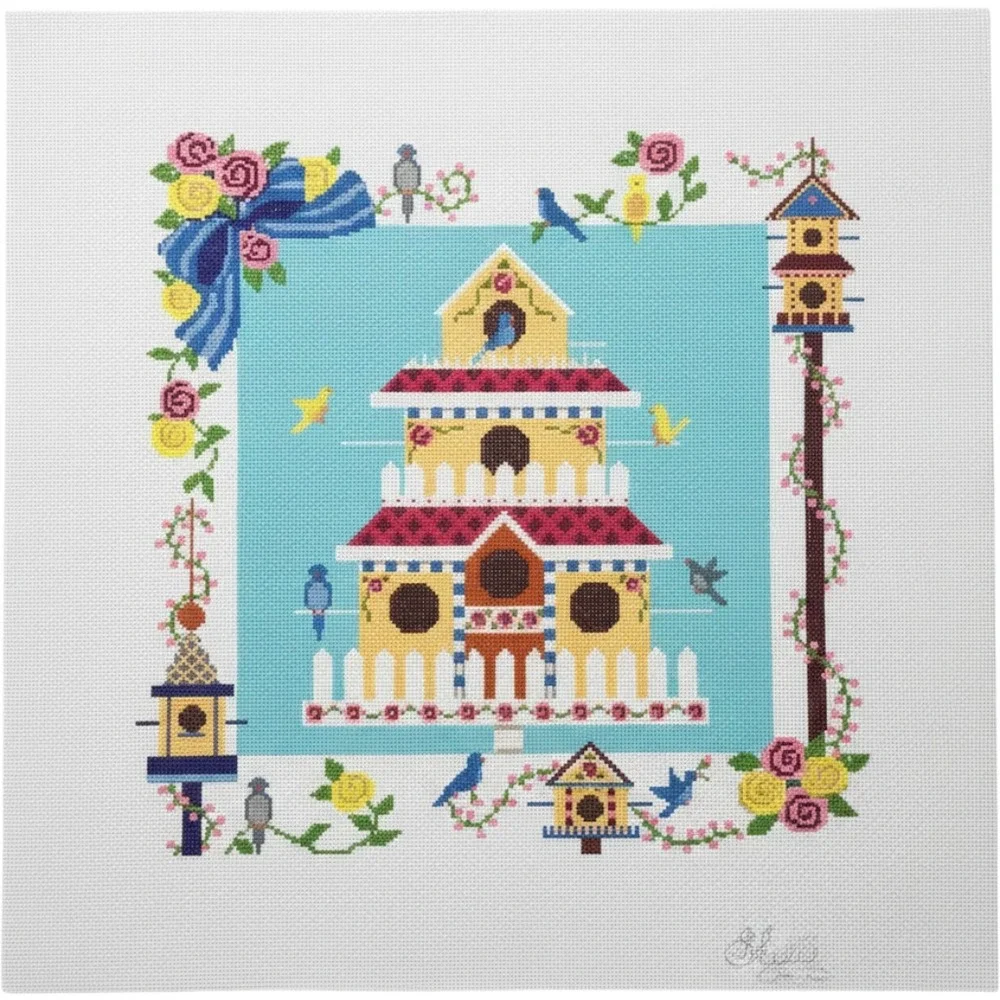 Vintage Shelly Tribbey Birdhouse Cottage Hand Painted Needlepoint Canvas 1990s